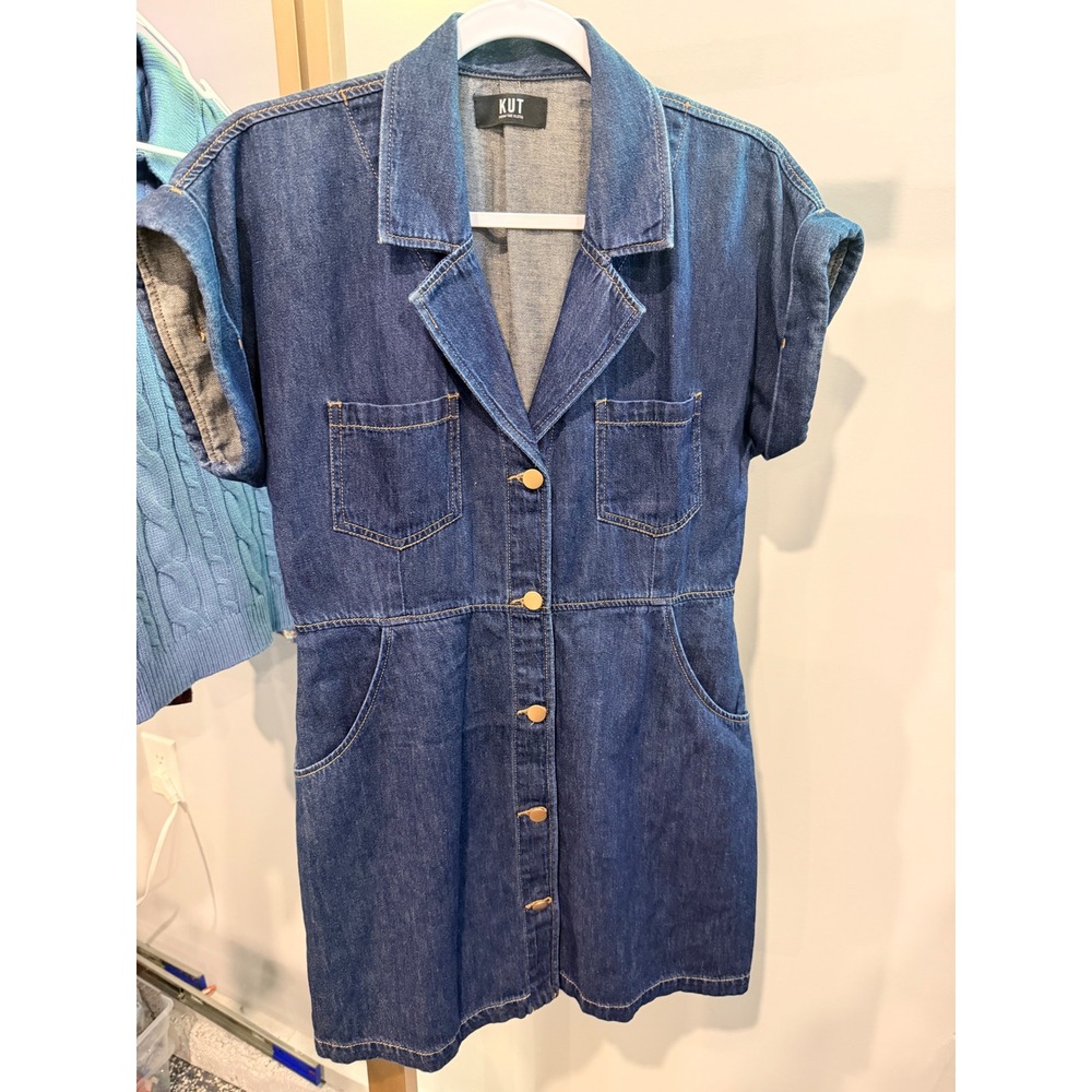 KUT from the Kloth Denim Mini Dress Dark Wash Short Sleeve Button Front Blue